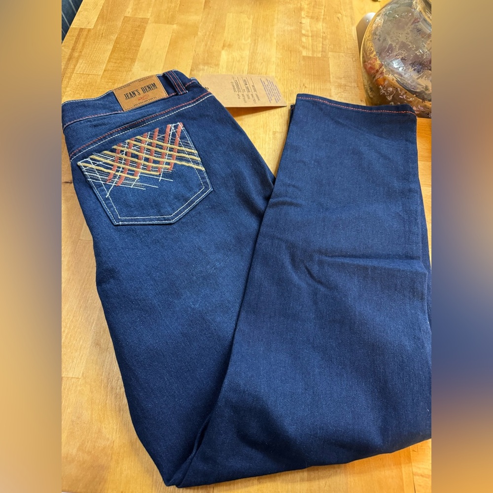 Hand Crafted Women's Jeans - Dark Blue with Multicolor Stitching